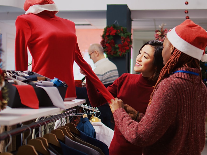 Duas mulheres estão em uma loja decorada para o Natal, examinando uma blusa vermelha exposta em um manequim. Uma delas, usando um gorro de Papai Noel, segura a manga da blusa enquanto a outra observa com um sorriso. Ao fundo, um homem mais velho também faz compras, destacando o ambiente festivo e acolhedor da loja. A decoração natalina, incluindo guirlandas e cores típicas da época, contribui para o clima de celebração e entusiasmo nas compras de final de ano.